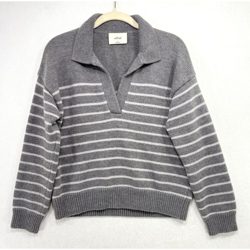 Aritzia Wilfred Sweater Women M Gray Cypriot Striped Wool Polo V-Neck Pullover